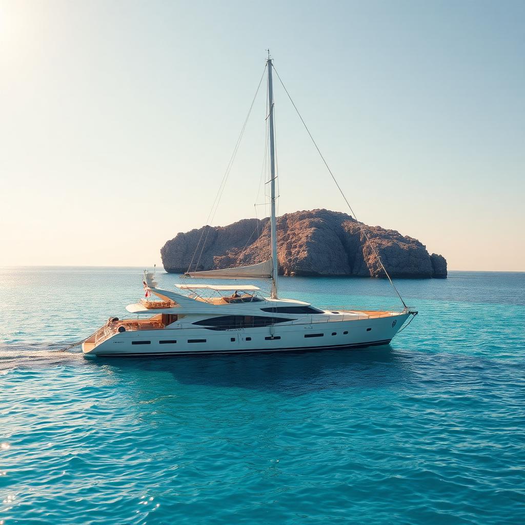 A private yacht on turquoise water off a Greek island